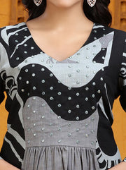 Black & Gray Slub Cotton Gathered Printed Kurta