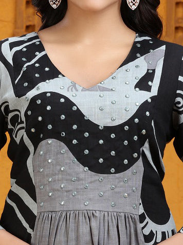 Black & Gray Slub Cotton Gathered Printed Kurta