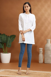 White Flax Cotton Embroidered Short Kurti