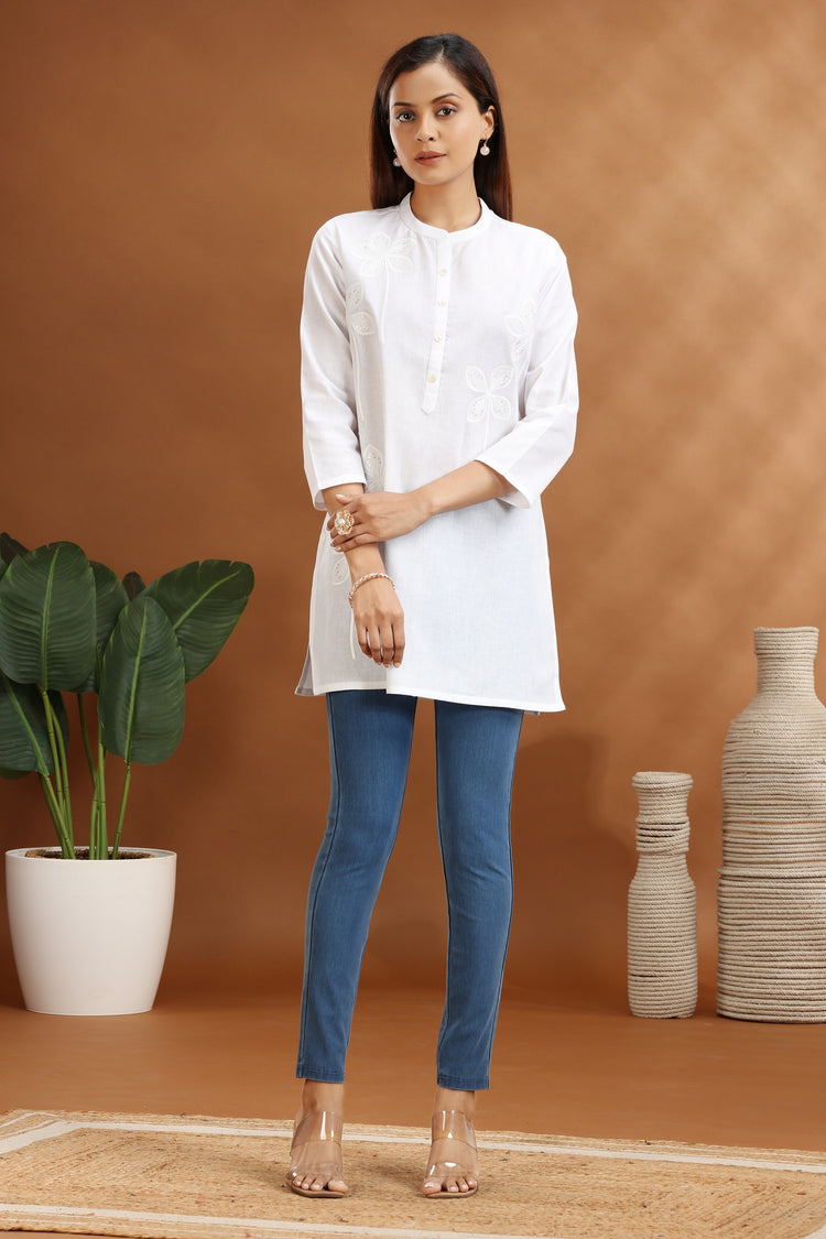 White Flax Cotton Embroidered Short Kurti