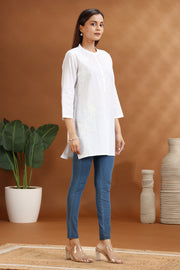 White Flax Cotton Embroidered Short Kurti