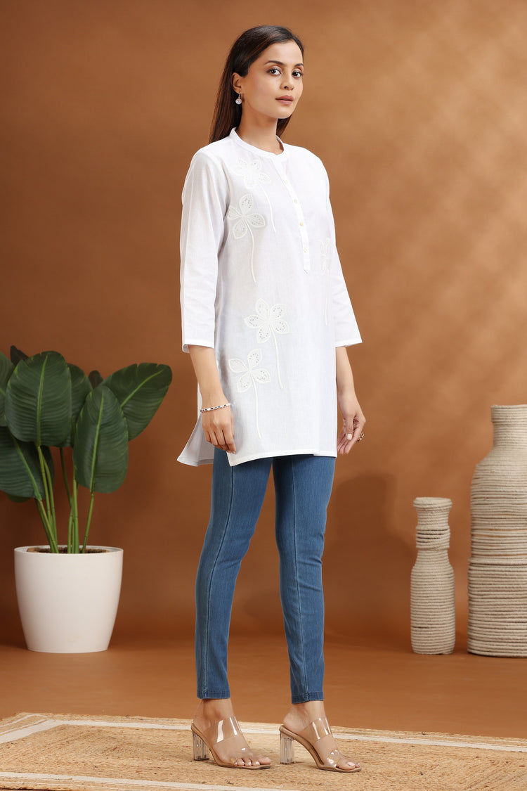 White Flax Cotton Embroidered Short Kurti