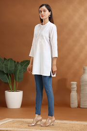 White Flax Cotton Embroidered Short Kurti