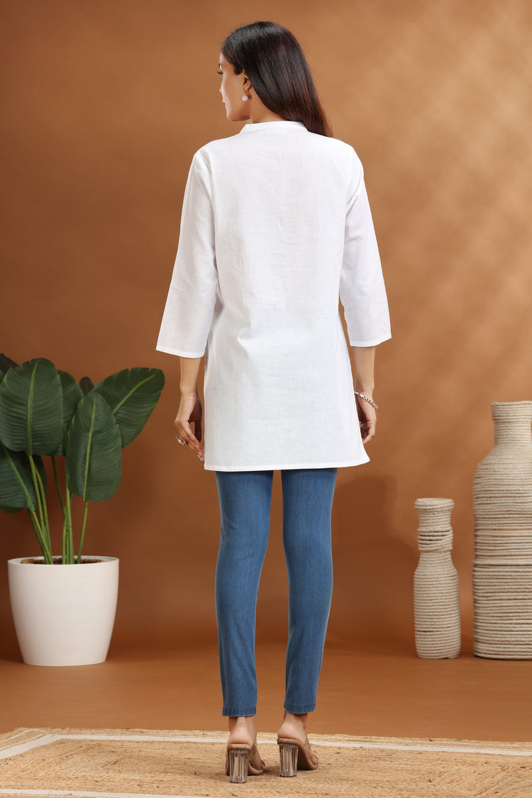 White Flax Cotton Embroidered Short Kurti