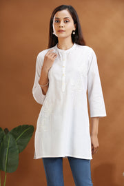 White Flax Cotton Embroidered Short Kurti