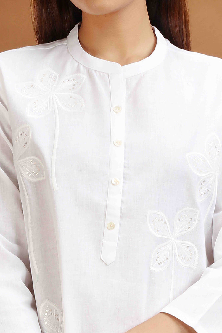White Flax Cotton Embroidered Short Kurti