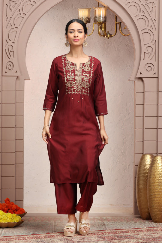 Maroon Roman Silk Embroidered Straight Kurta Pant Co ord Set for women