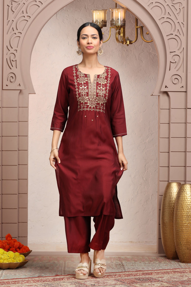 Maroon Roman Silk Embroidered Straight Kurta Pant Co ord Set for women
