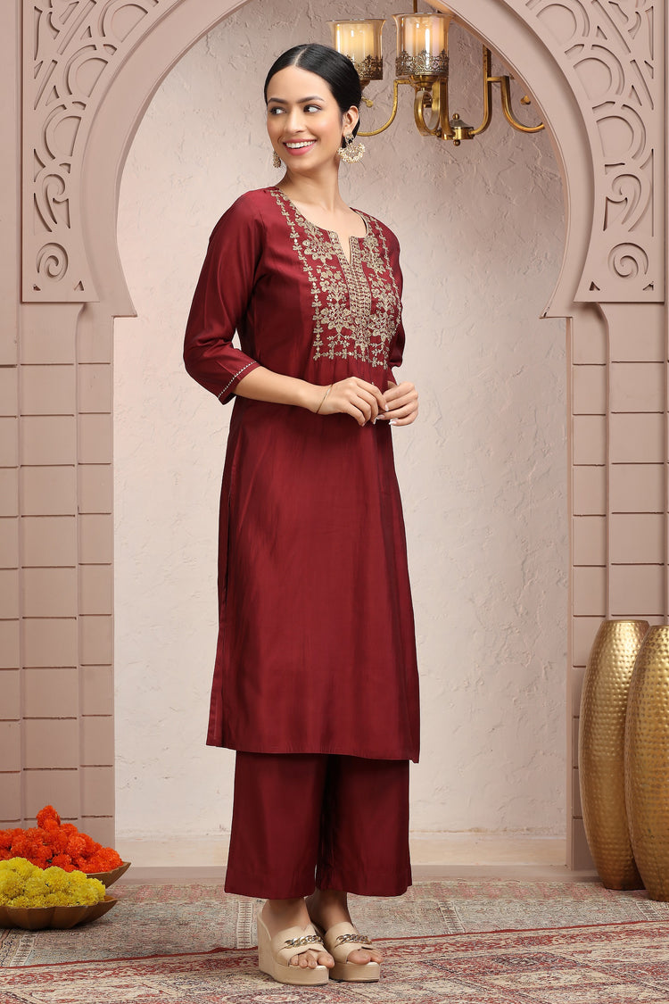 Maroon Roman Silk Embroidered Straight Kurta Pant Co ord Set for women