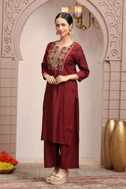 Maroon Roman Silk Embroidered Straight Kurta Pant Co ord Set for women