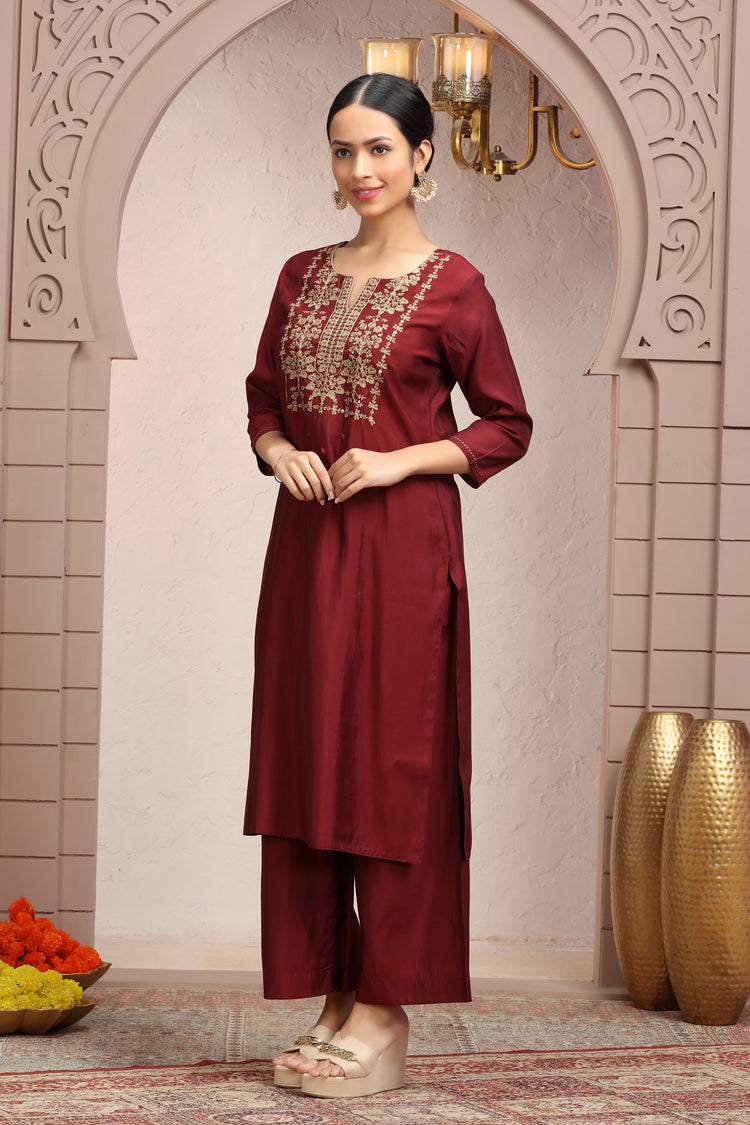Maroon Roman Silk Embroidered Straight Kurta Pant Co ord Set for women