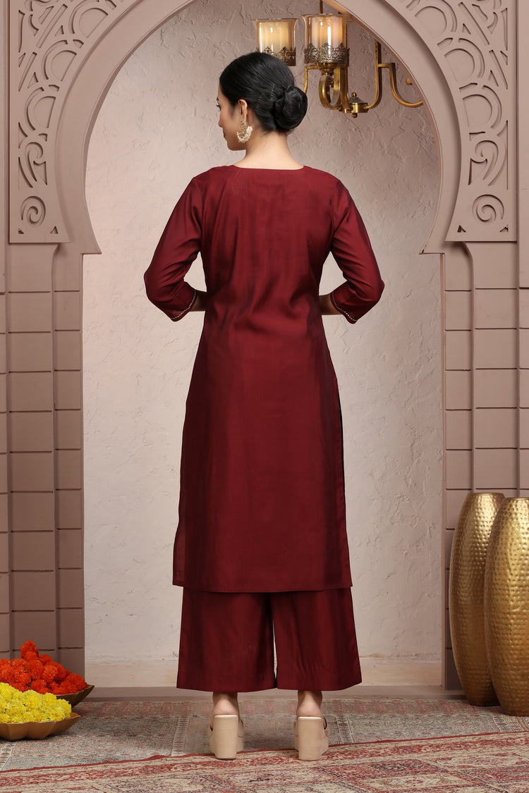 Maroon Roman Silk Embroidered Straight Kurta Pant Co ord Set for women