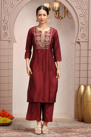 Maroon Roman Silk Embroidered Straight Kurta Pant Co ord Set for women