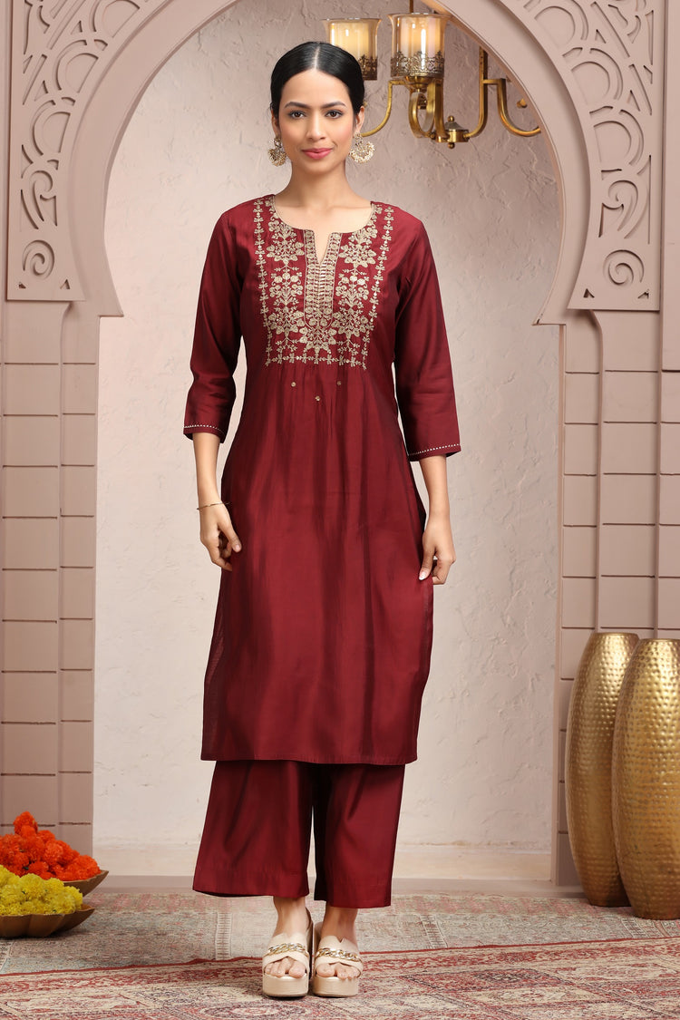 Maroon Roman Silk Embroidered Straight Kurta Pant Co ord Set for women
