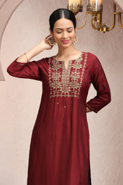 Maroon Roman Silk Embroidered Straight Kurta Pant Co ord Set for women