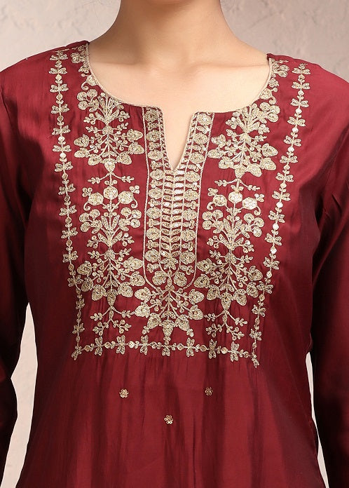 Maroon Roman Silk Embroidered Straight Kurta Pant Co ord Set for women