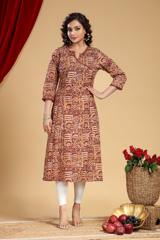 Beige & Maroon Cotton A Line Printed Kurta