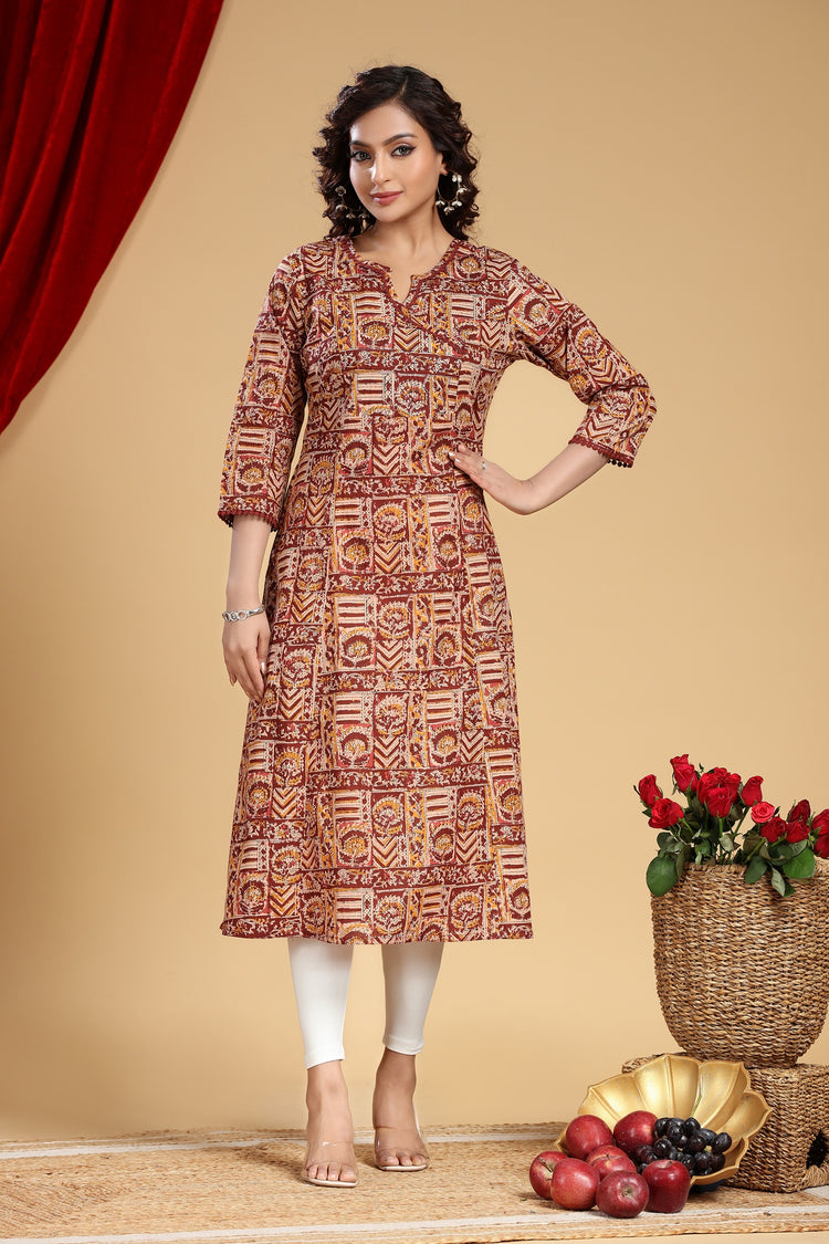 Beige & Maroon Cotton A Line Printed Kurta