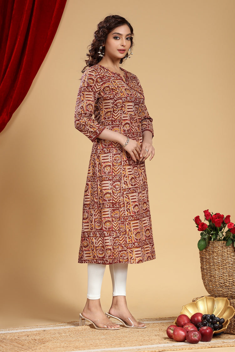Beige & Maroon Cotton A Line Printed Kurta