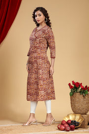 Beige & Maroon Cotton A Line Printed Kurta