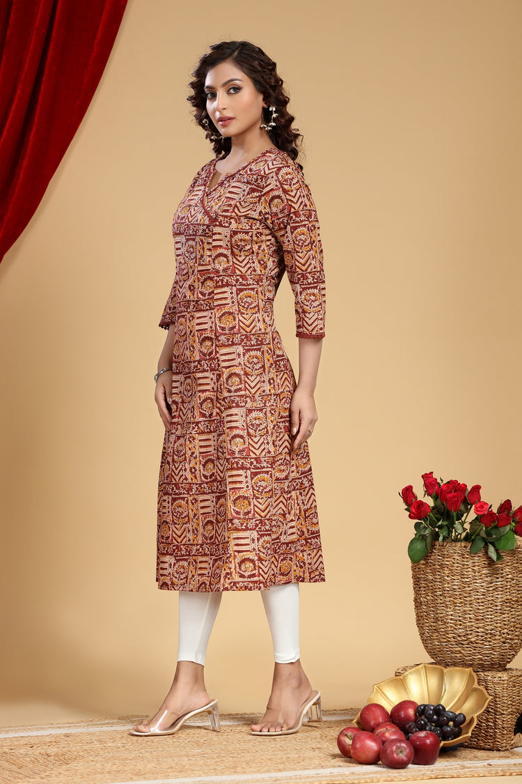 Beige & Maroon Cotton A Line Printed Kurta