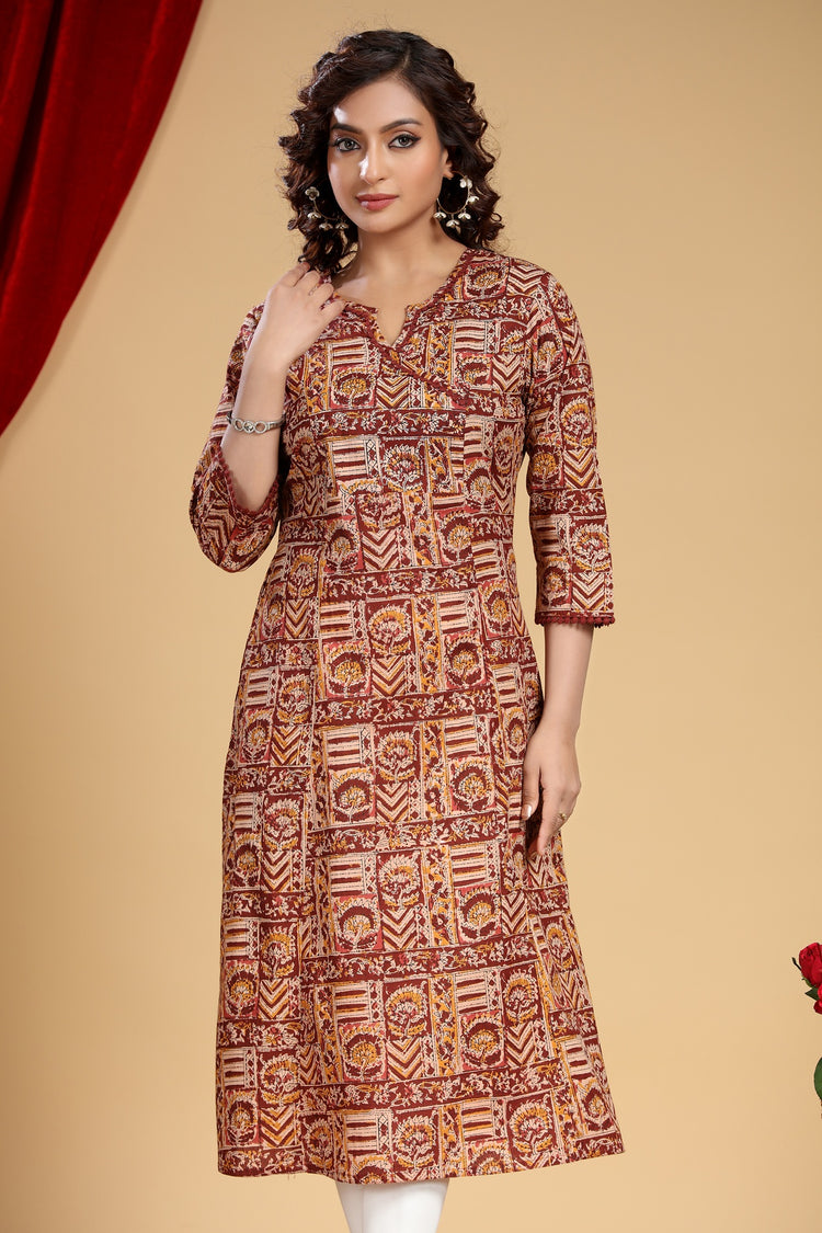 Beige & Maroon Cotton A Line Printed Kurta