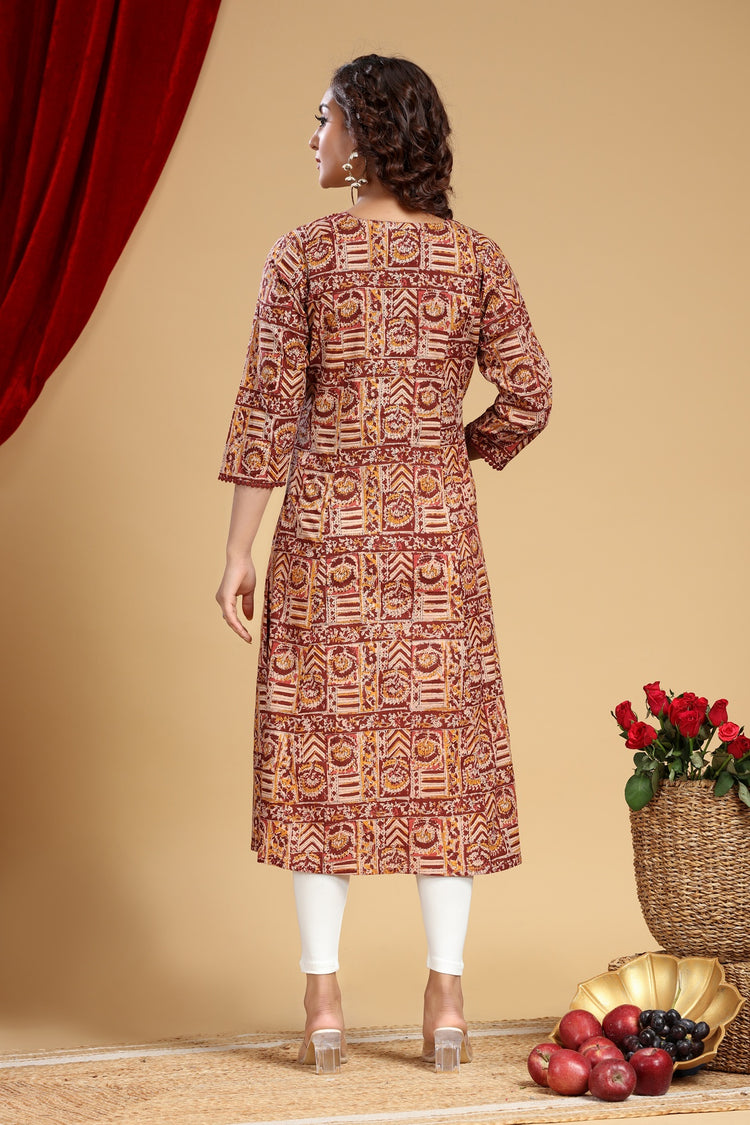 Beige & Maroon Cotton A Line Printed Kurta