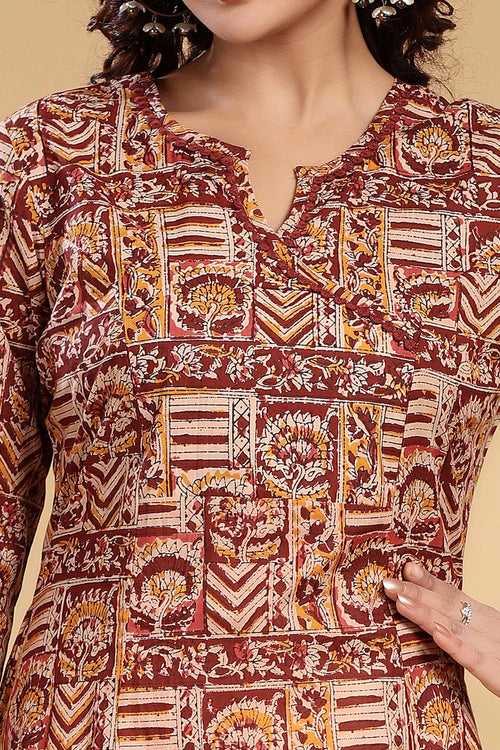 Beige & Maroon Cotton A Line Printed Kurta