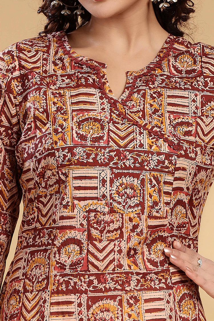 Beige & Maroon Cotton A Line Printed Kurta