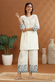 Off White Flax Cotton Embroidered Straight Kurta and Pant Set