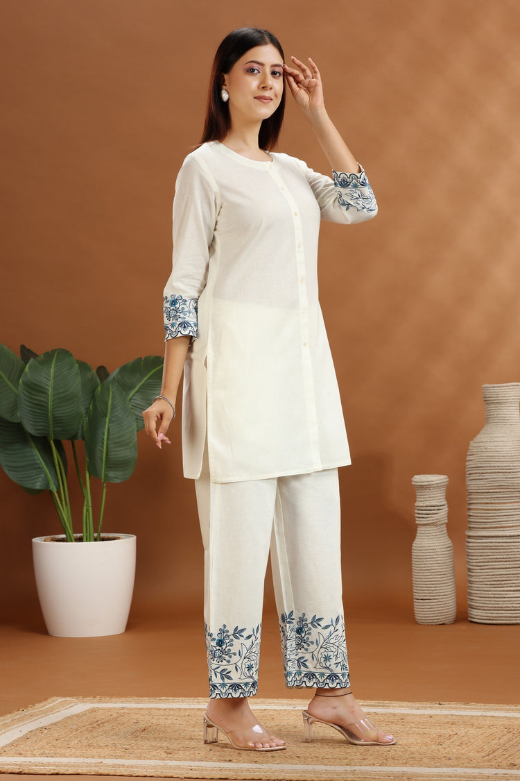 Off White Flax Cotton Embroidered Straight Kurta and Pant Set