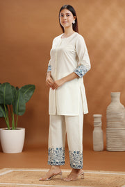 Off White Flax Cotton Embroidered Straight Kurta and Pant Set