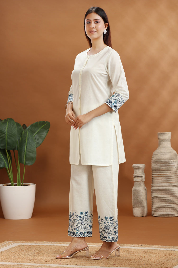 Off White Flax Cotton Embroidered Straight Kurta and Pant Set
