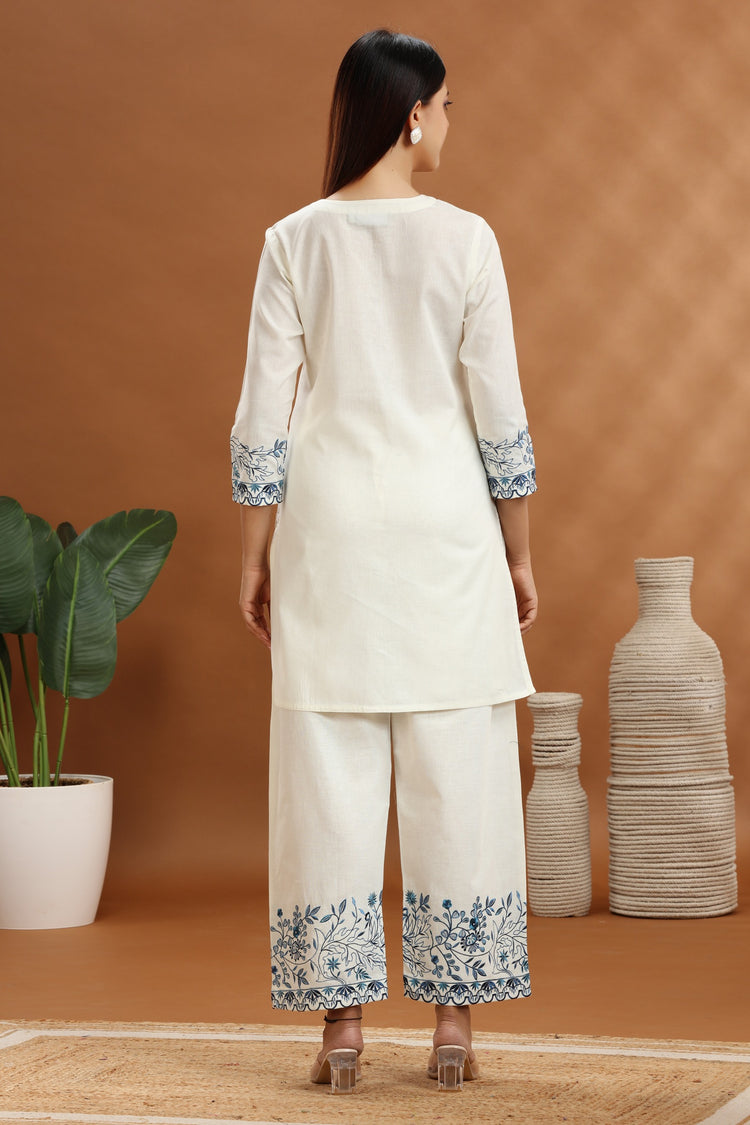 Off White Flax Cotton Embroidered Straight Kurta and Pant Set