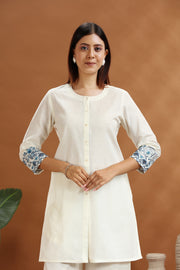 Off White Flax Cotton Embroidered Straight Kurta and Pant Set