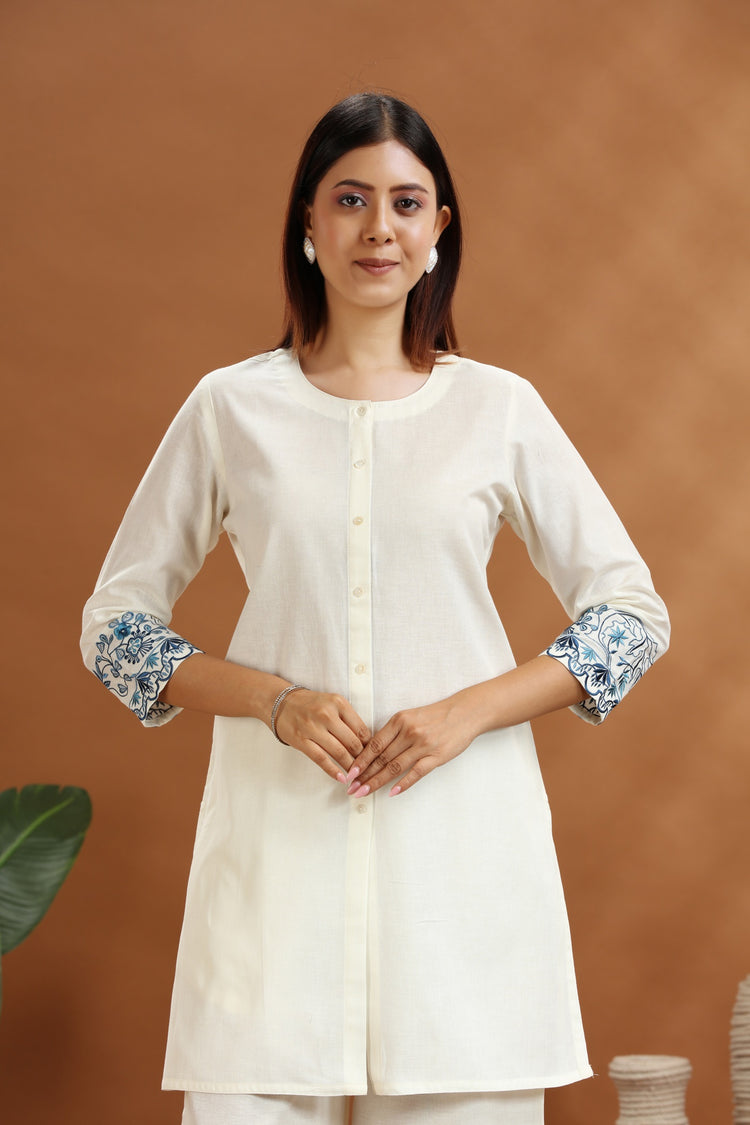 Off White Flax Cotton Embroidered Straight Kurta and Pant Set