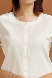 Off White Flax Cotton Embroidered Straight Kurta and Pant Set