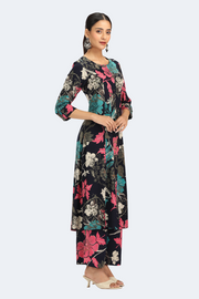 Navy Blue Rayon Printed Straight Kurta Pant Co ord Set