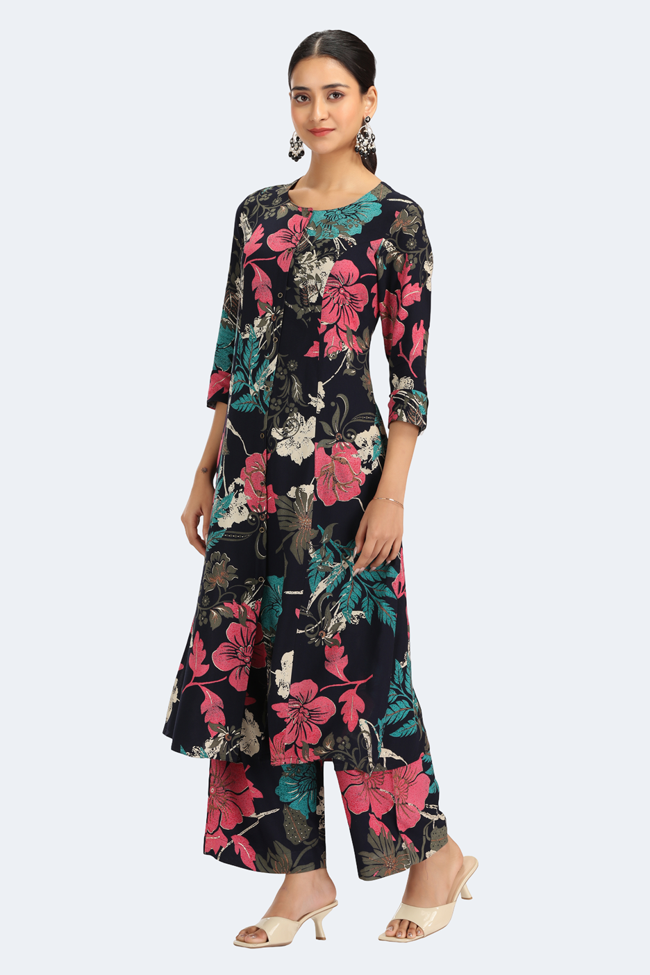 Navy Blue Rayon Printed Straight Kurta Pant Co ord Set