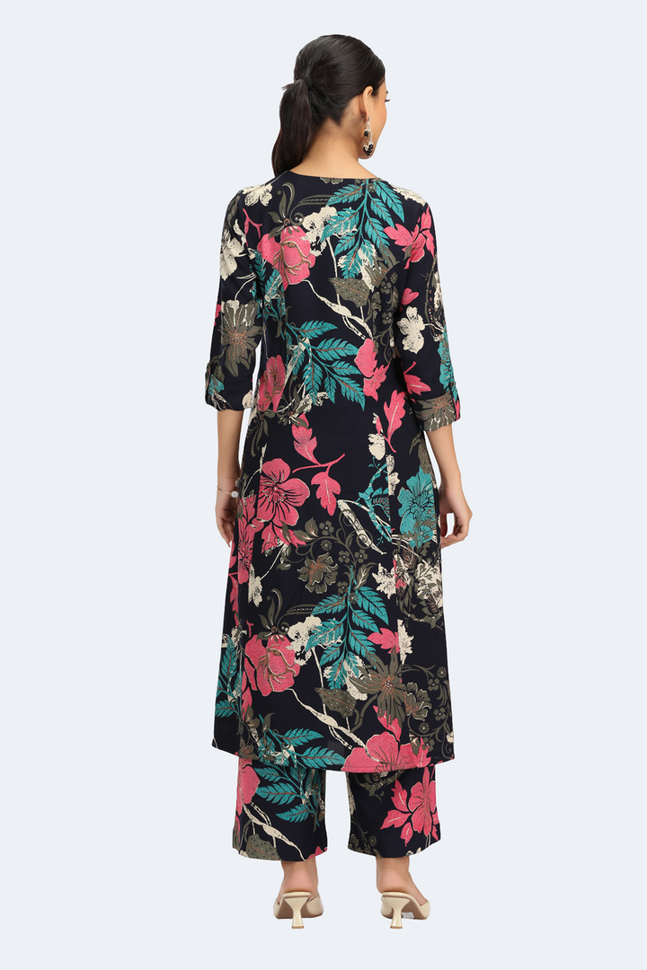 Navy Blue Rayon Printed Straight Kurta Pant Co ord Set