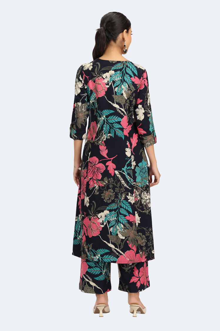 Navy Blue Rayon Printed Straight Kurta Pant Co ord Set