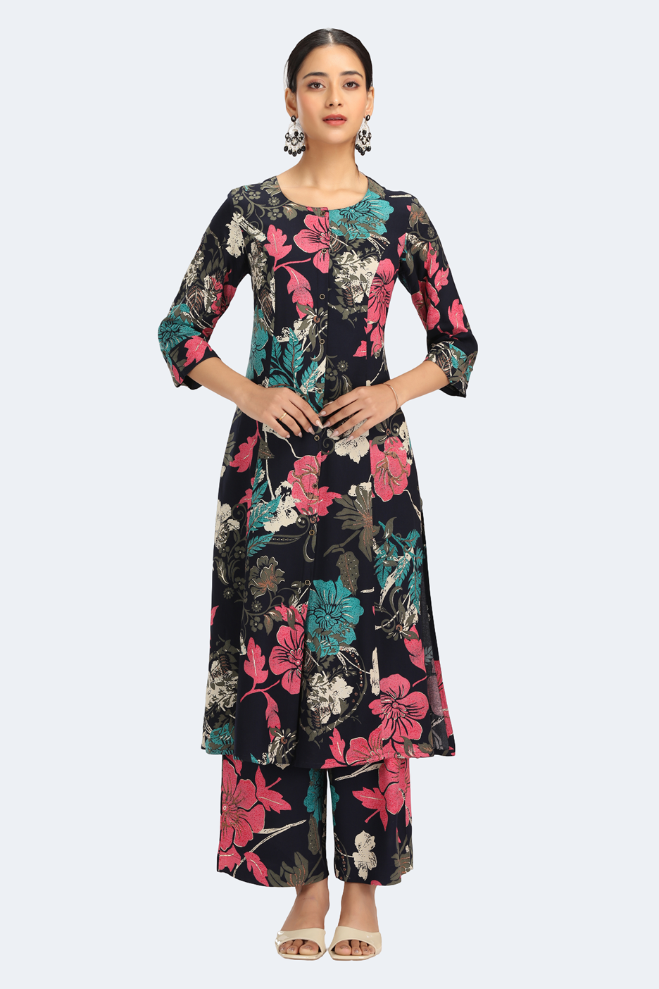 Navy Blue Rayon Printed Straight Kurta Pant Co ord Set