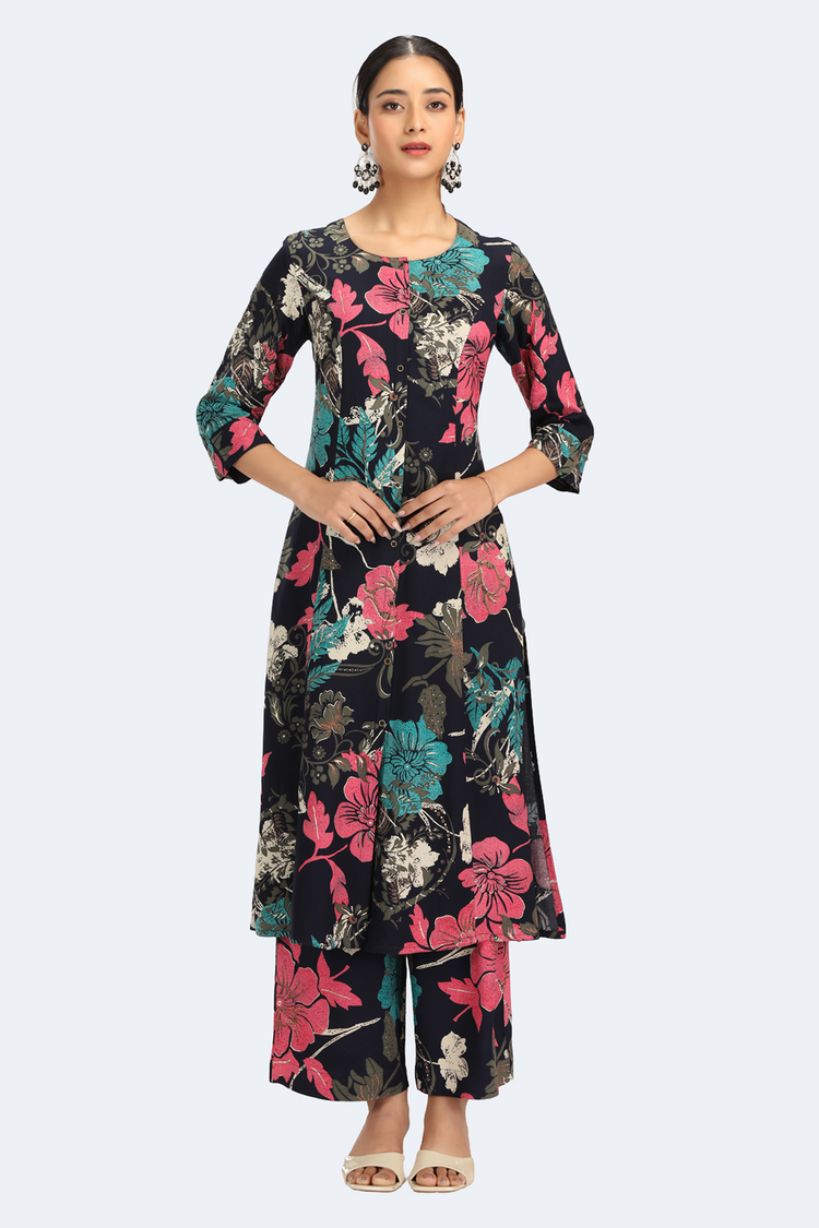 Navy Blue Rayon Printed Straight Kurta Pant Co ord Set