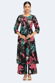 Navy Blue Rayon Printed Straight Kurta Pant Co ord Set