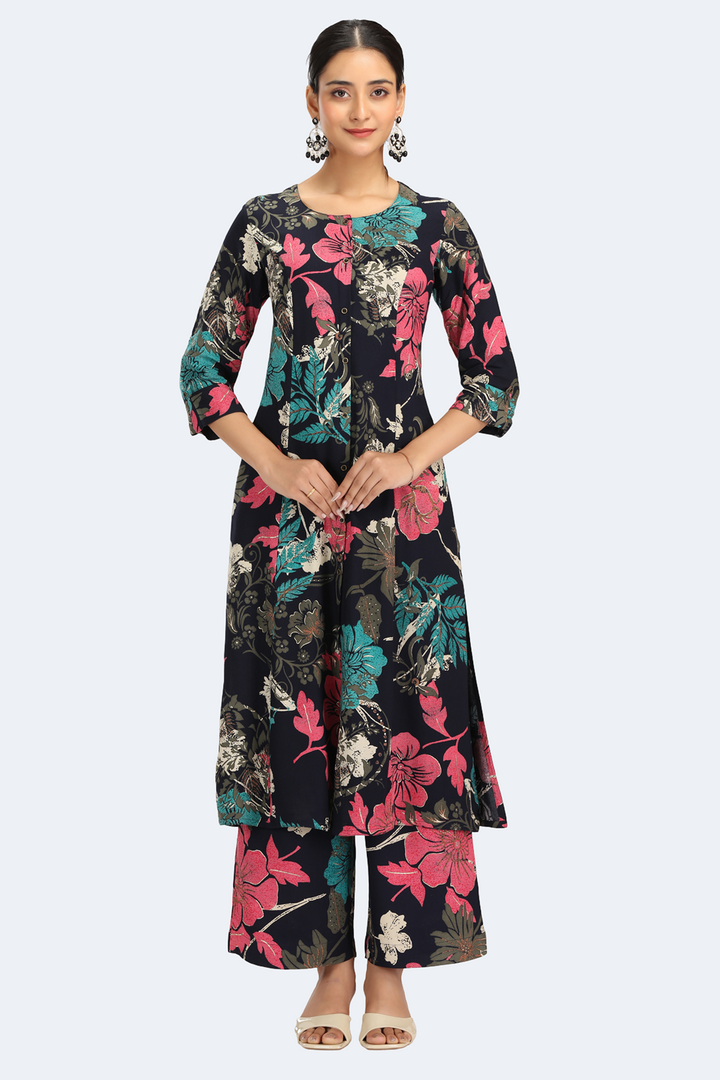 Navy Blue Rayon Printed Straight Kurta Pant Co ord Set