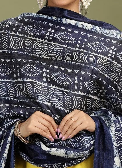 Navy Blue Chiffon Handblock Printed Dupatta