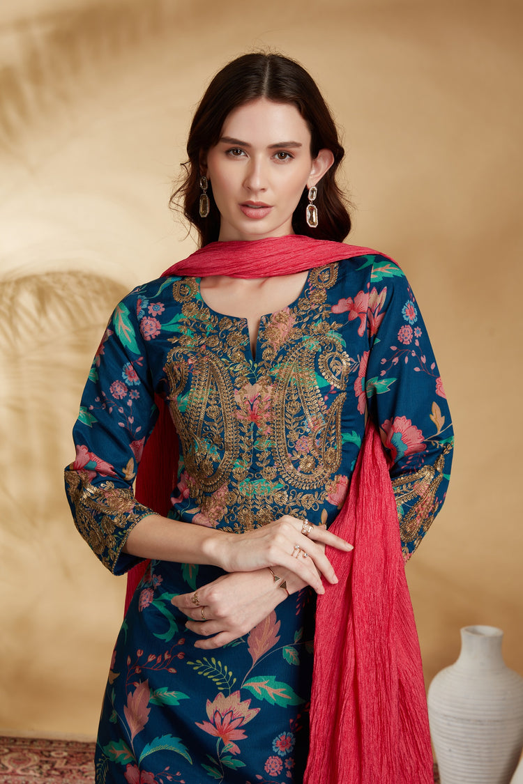 Navy Blue Chinnon Embroidered Kurta Pant and Dupatta Suit Set