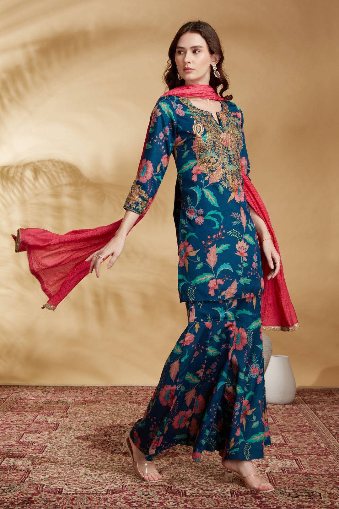 Navy Blue Chinnon Embroidered Kurta Pant and Dupatta Suit Set