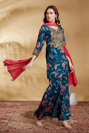 Navy Blue Chinnon Embroidered Kurta Pant and Dupatta Suit Set