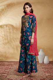 Navy Blue Chinnon Embroidered Kurta Pant and Dupatta Suit Set